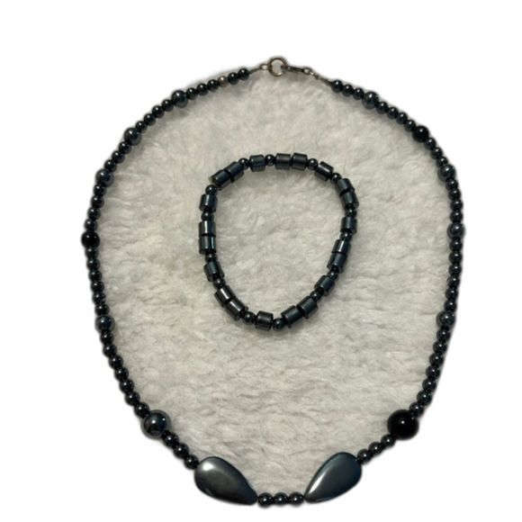 Gun Metal Tone Bead Necklace & Elastic Bracelet Set Lobster Claw Clasp 15 inch - Picture 4 of 7